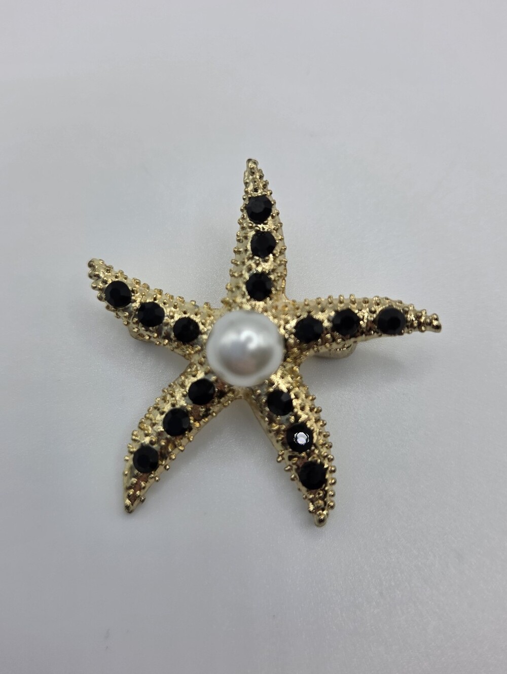 Gold Starfish Brooch Black Crystal Faux Pearl Coastal Nautical New